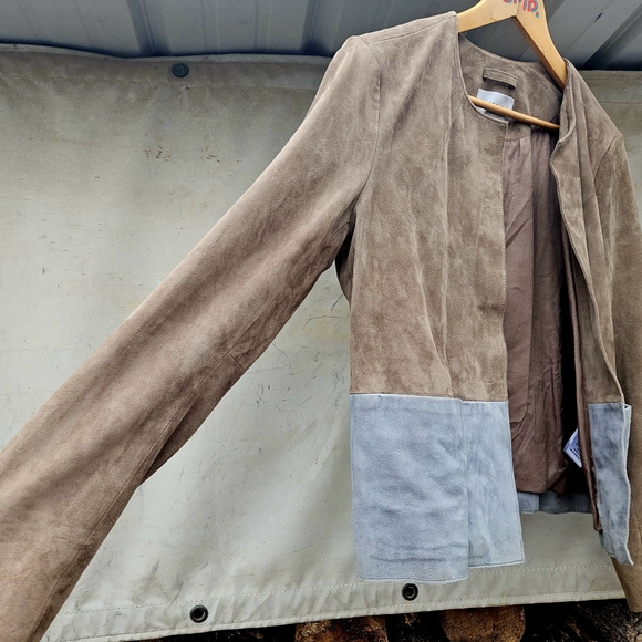 JIGSAW brand Soft Suede Two-Tone Brown & Gray Leather Jacket MINIMALIST Small - Picture 2 of 8